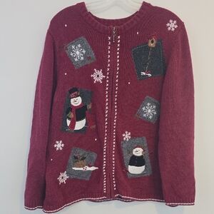 Vintage Christmas Cardigan Women's Festive Red Sweater with Snowman Design